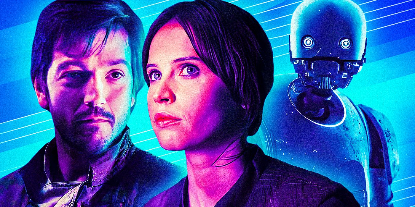 Felicity Jones as Jyn Erso, Diego Luna as Cassian Andor, and Alan Tudyk as K-2SO superimposed together in Rogue One: A Star Wars Story