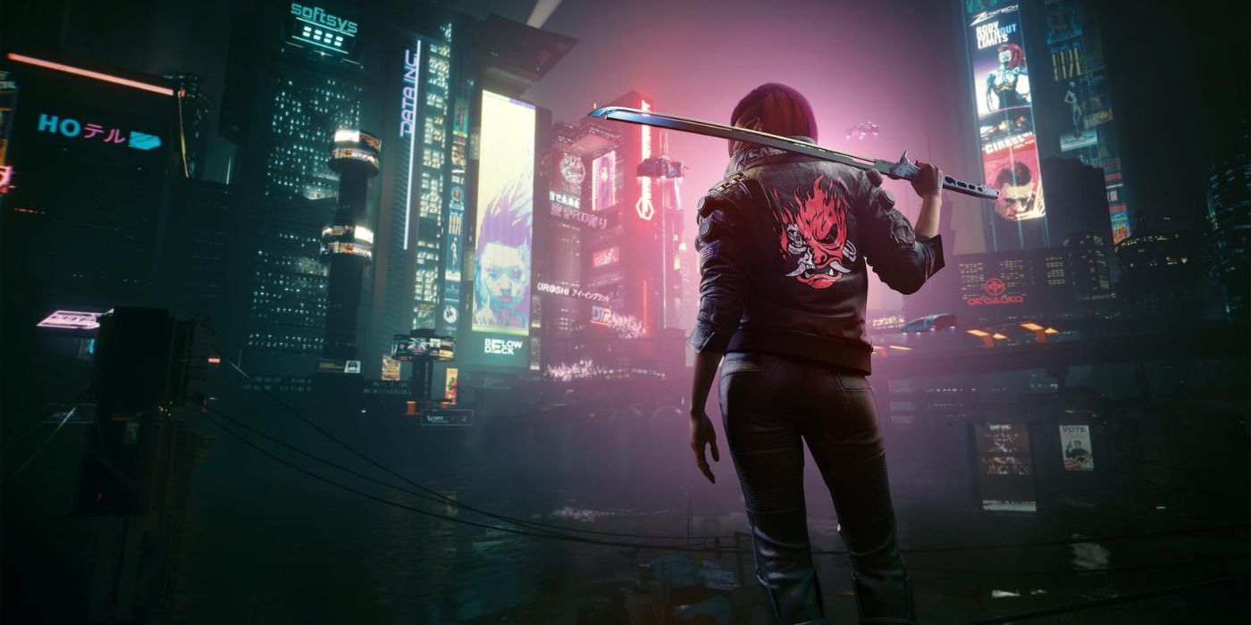 Female V holds a katana over her shoulder in Cyberpunk 2077.