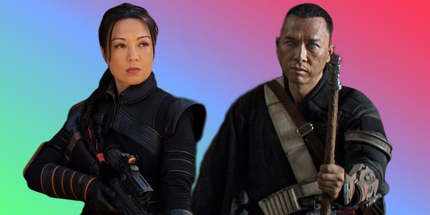 Fennec Shand (Ming-Na Wen) em O Livro de Boba Fett e Chirrut Îmwe (Donnie Yen) em Rogue One: Uma História Star Wars