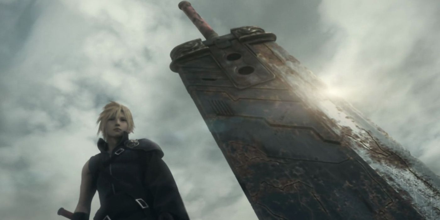 Image from FF7 Advent Children trailer shows Cloud looking at his rusty Buster sword that is still in the ground while a ray of sun reflects off it.