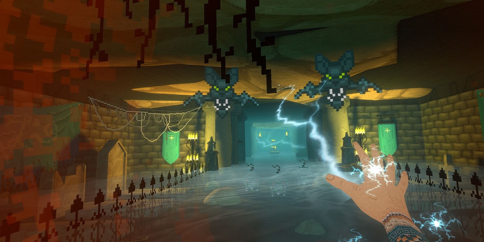 Sending lightning magic at enemy bats in VR game Stones of Harlath.