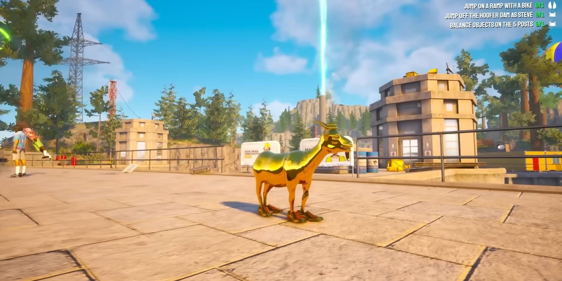 An all golden Goat roaming the streets of San Angora in Goat Simulator 3.