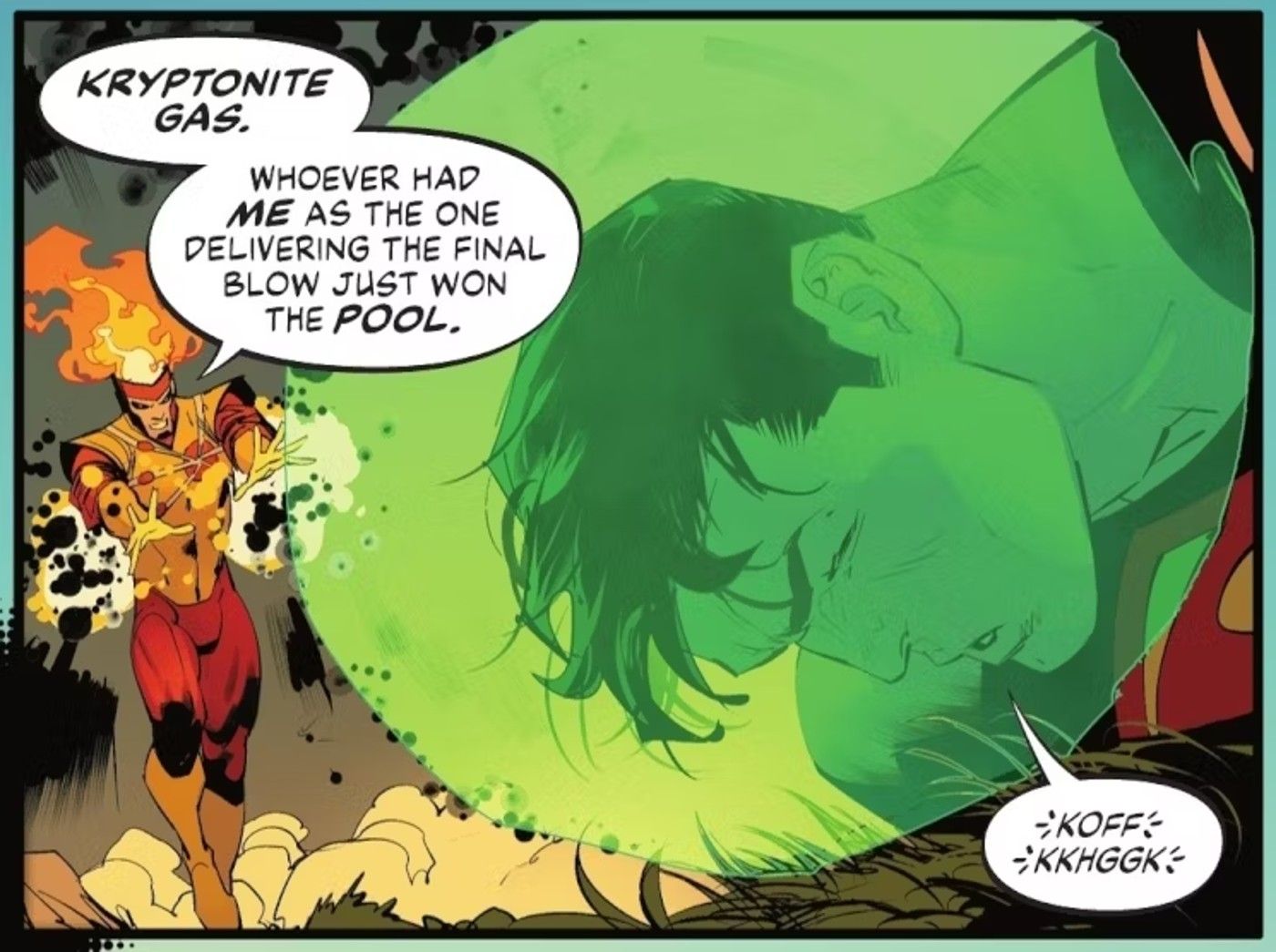 Comic book panel: Firestorm takes down Superman using Kryptonite gas.