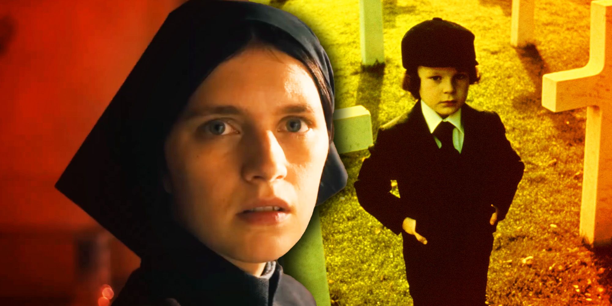 Nell Tiger Free as Margaret in The First Omen, and Harvey Spencer Stephens as Damien Thorn in The Omen.