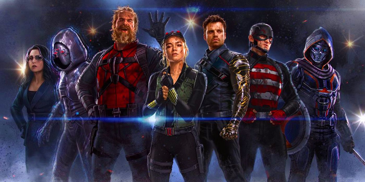 Thunderbolts MCU movie poster showing the team stood together