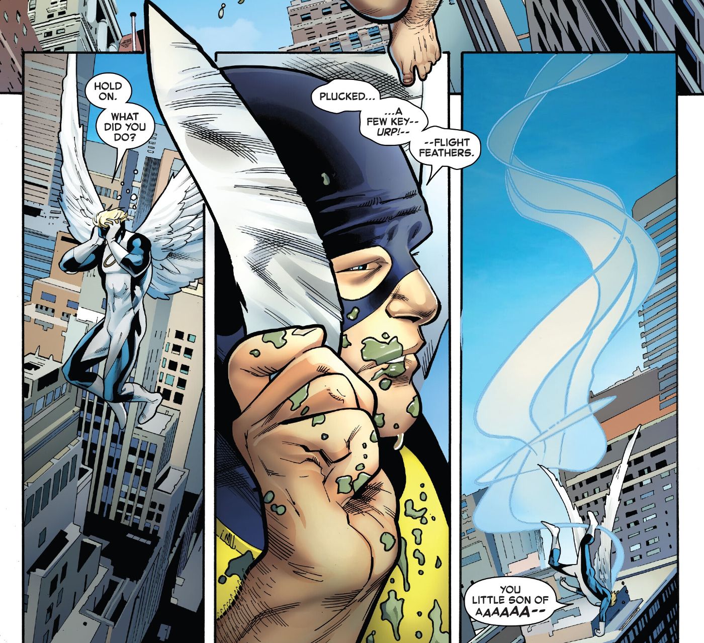 Original X-Men #1, Beast removes one of Angel’s flight feathers in Original X-Men #1, causing him to plummet.