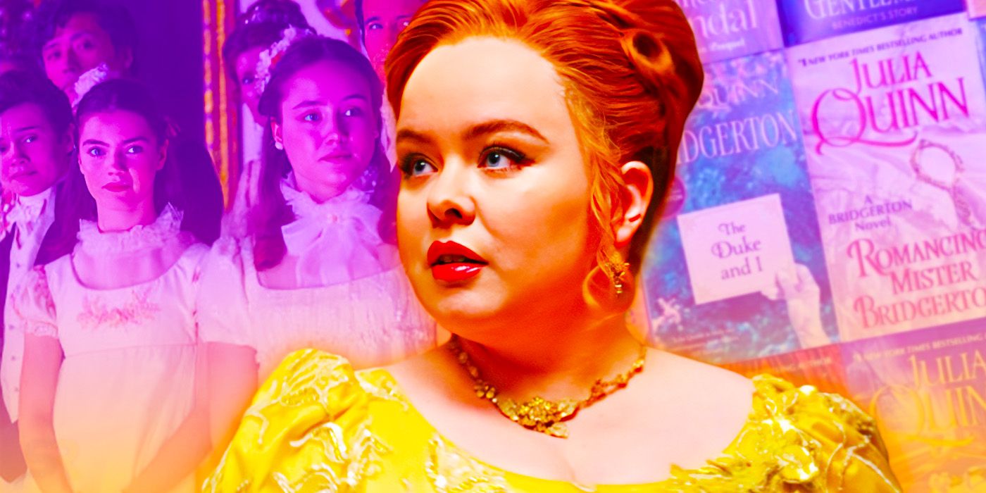 Florence Hunt as Hyacinth Bridgerton, Ruby Stokes as Francesca Bridgerton, and Nicola Coughlan as Penelope Featherington in Bridgerton