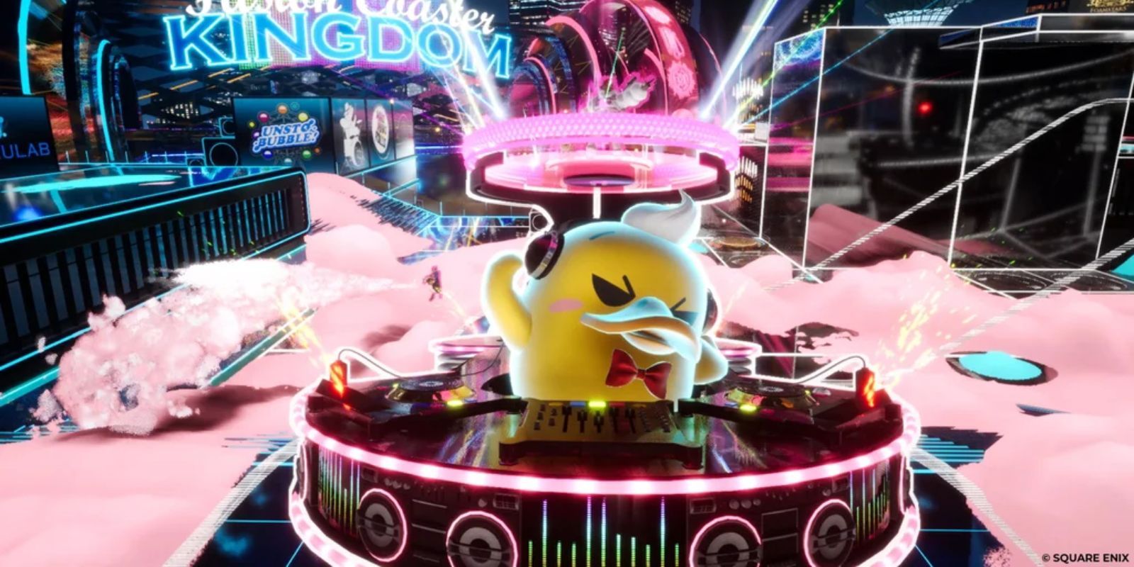 Foamstars game Rubber Duck Party featuring an image of a large yellow duck in a dj booth surrounded by pink foam