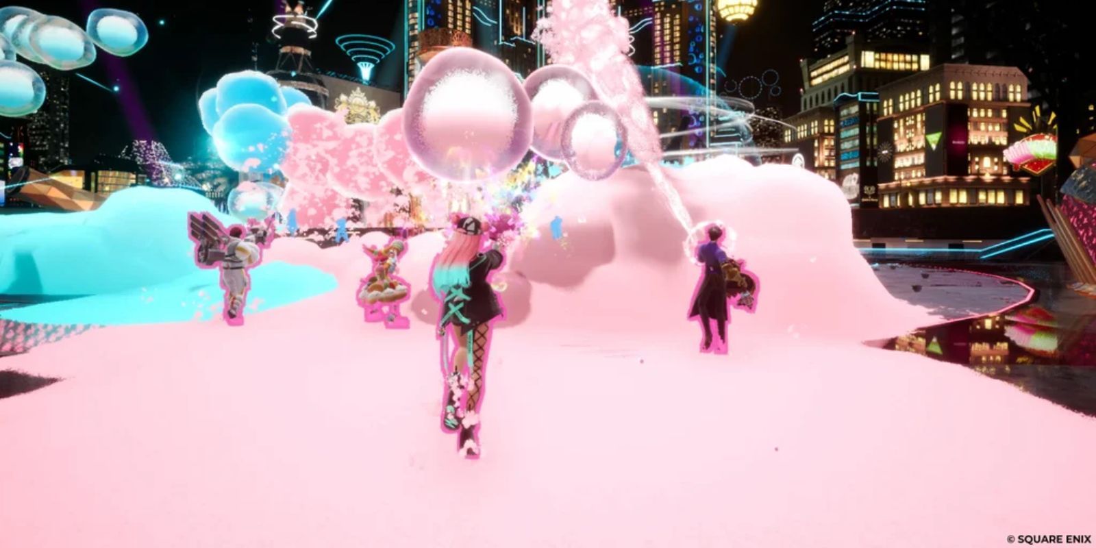 Foamstars game with several pink team characters shooting into an area