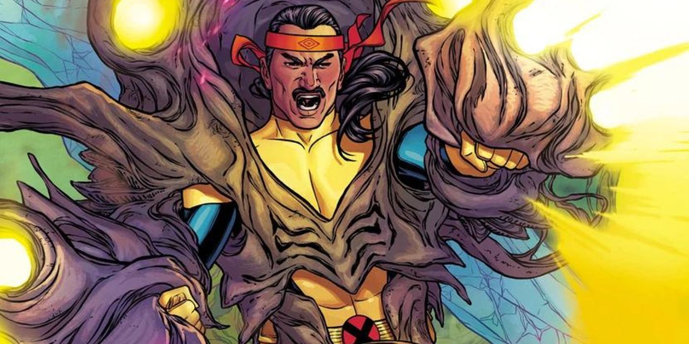 Forge disparando duas armas e gritando em um painel de quadrinhos dos X-Men