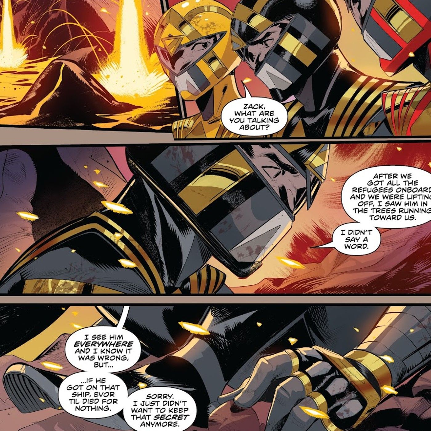 Power Rangers #12, former Mighty Morphin Power Rangers Black Ranger Zack Taylor tells Omega Rangers his secret