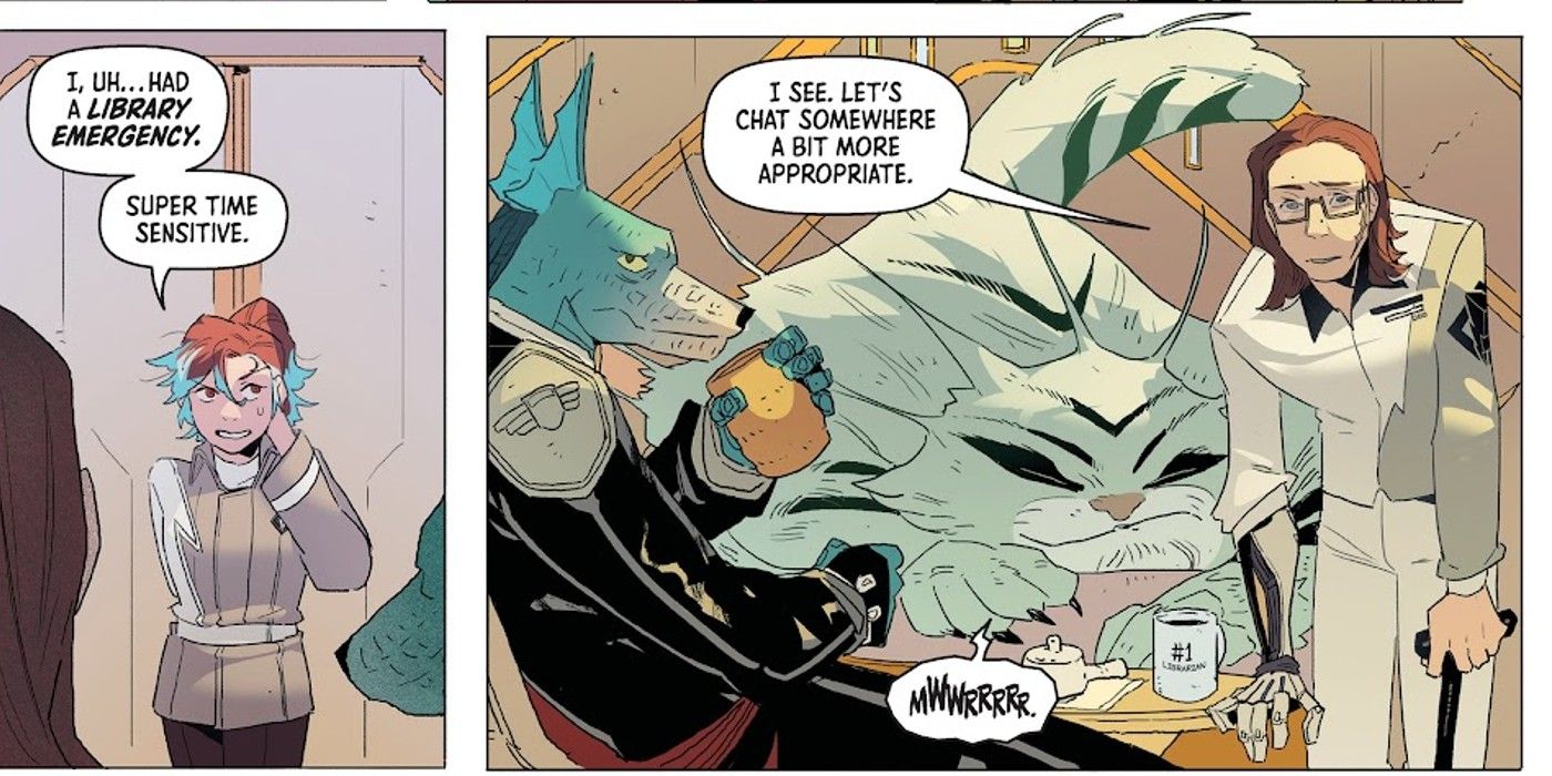 Ranger Academy #3, Former Power Rangers Yale Omega Ranger Blue and Shadow Ranger from SPD Anubis Cruger have their conversation at Ranger Academy interrupted by Sage