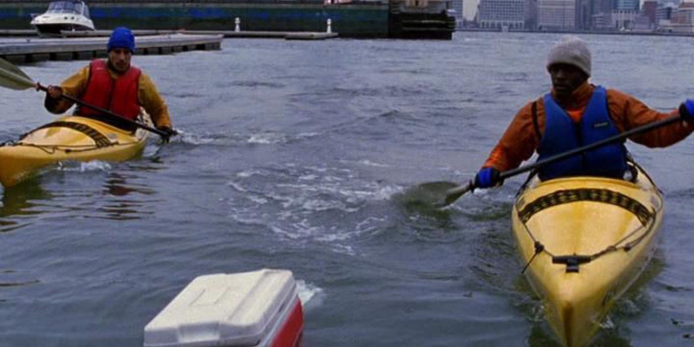 Two kayakers find a cooler floating in a river in Law and Order: SVU