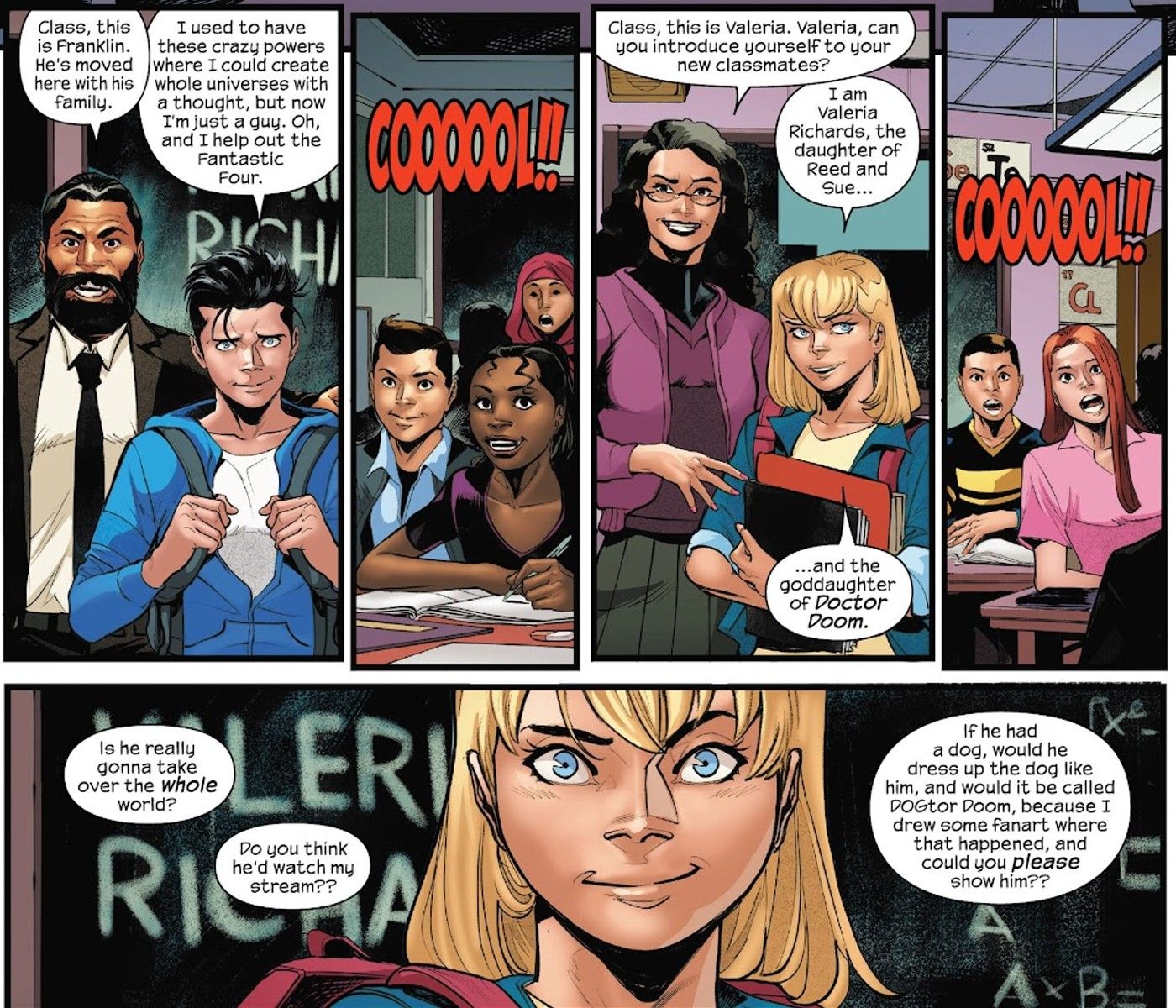Franklin and Valeria Richards of the Fantastic Four introduce themselves to their new classmates