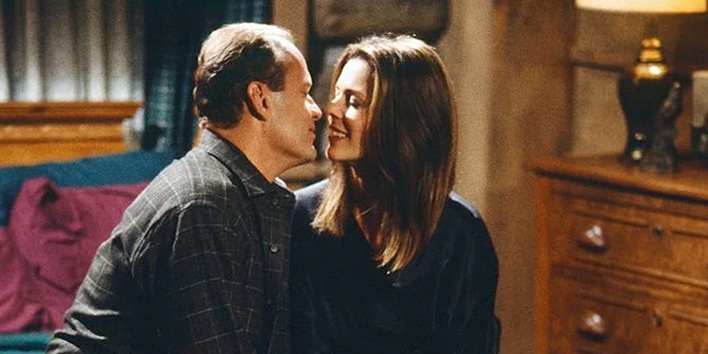 Frasier and Mia about to kiss in season 7 episode 1 of Frasier.