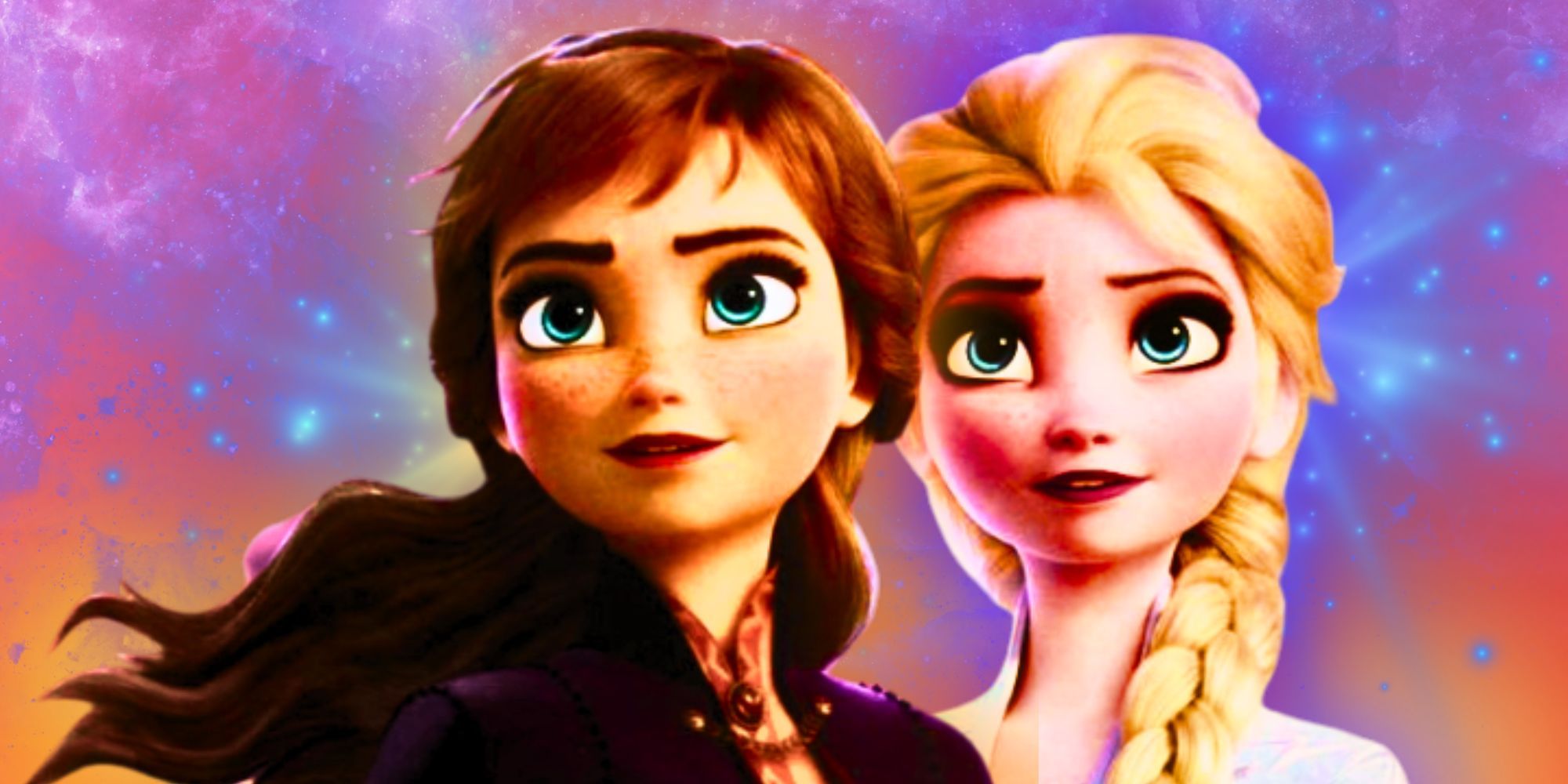 Anna and Elsa from Frozen in front of a starlit background