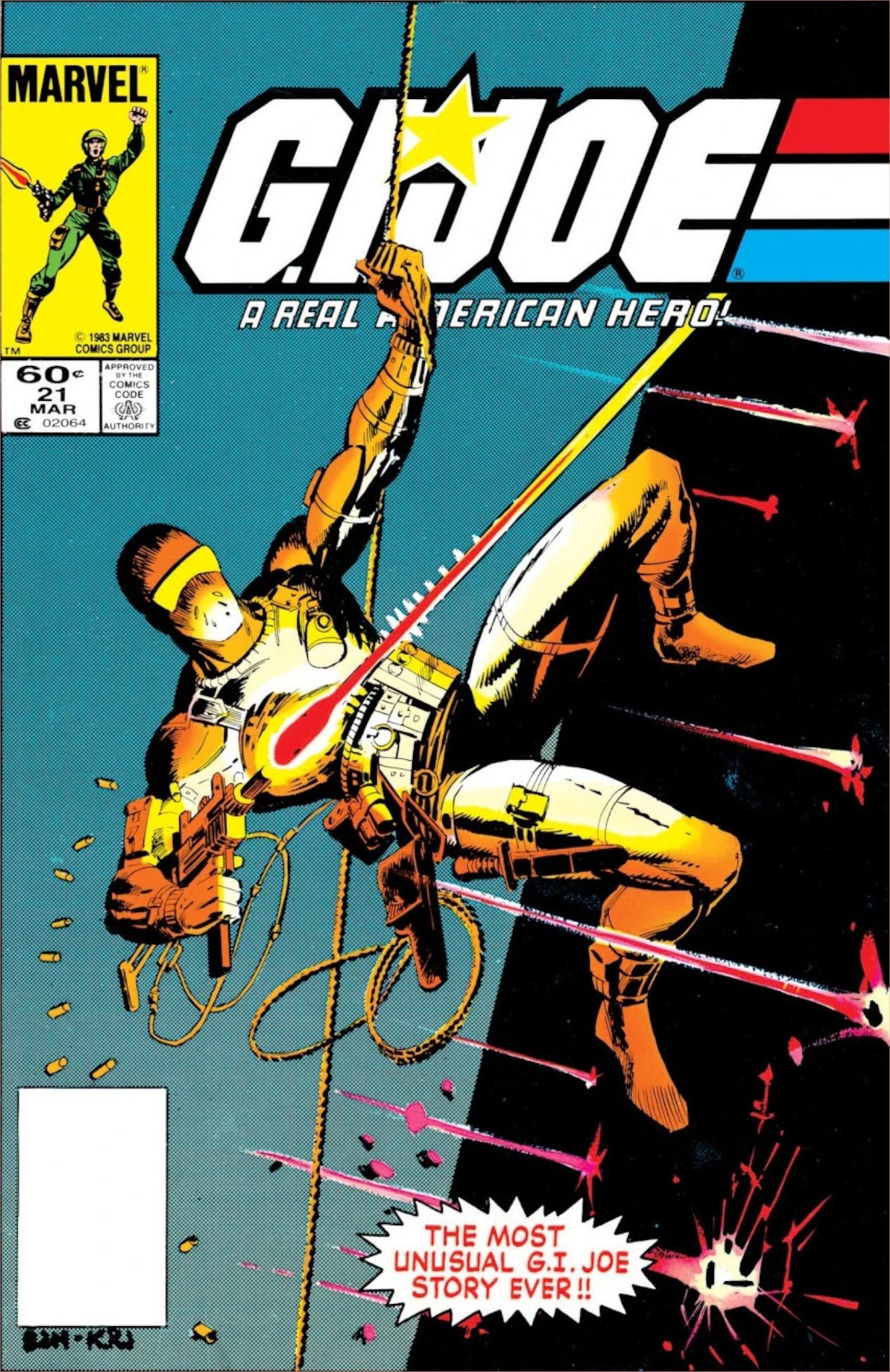 Cover for G.I. Joe: A Real American Hero #21, Snake eyes repelling down the side of a building, firing his gun