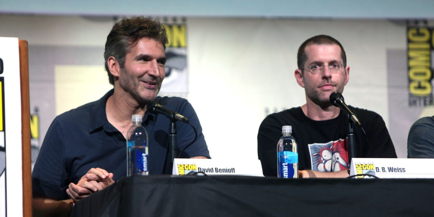 Game of Thrones creators David Benioff and D.B. Weiss seated at a San Diego Comic-Con panel