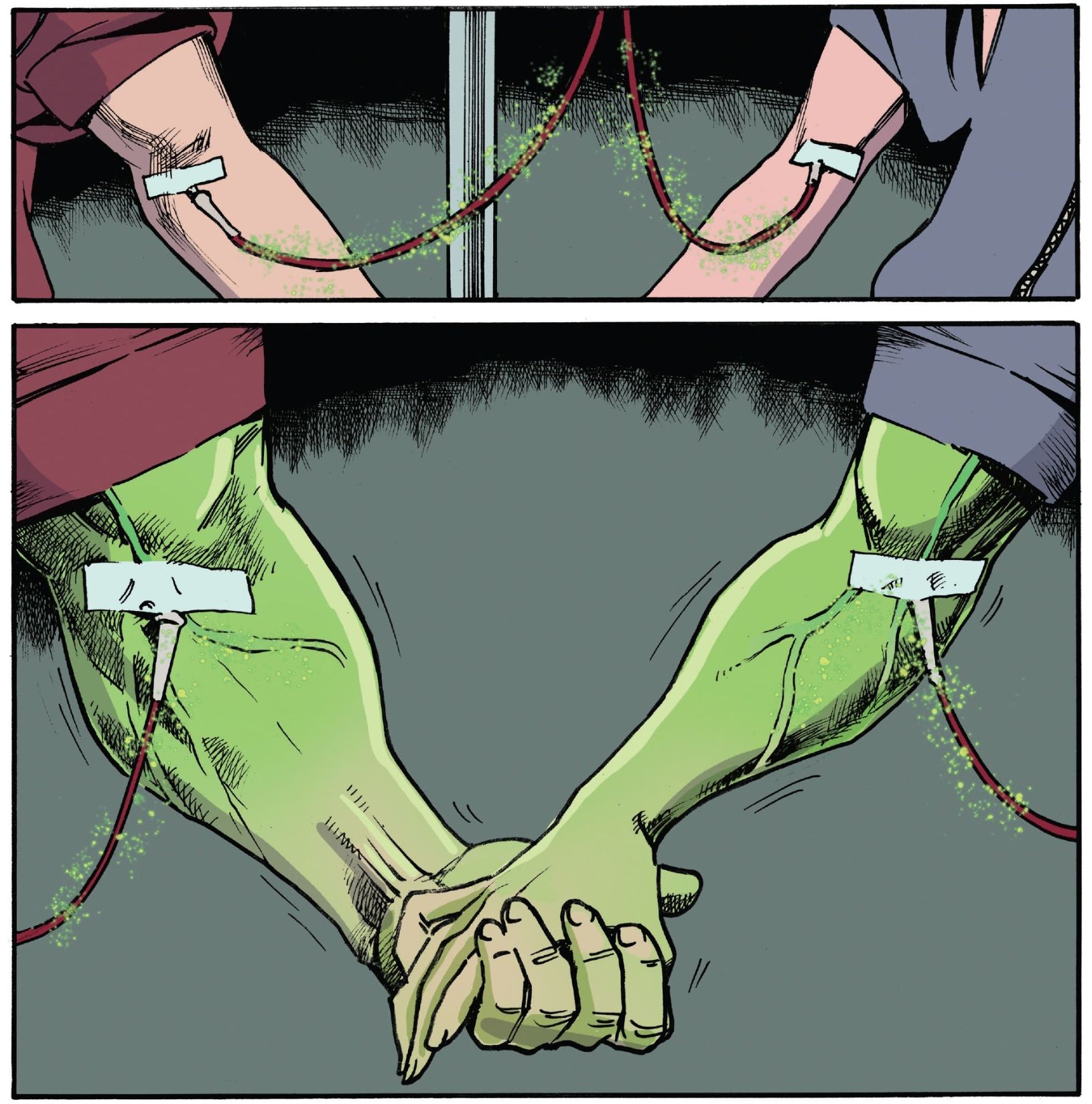 Two figures hold hands as an IV transfuses Gamma-irradiated blood into their arms. In the next panel, both arms turn green, with expanding muscles and bulging veins. 
