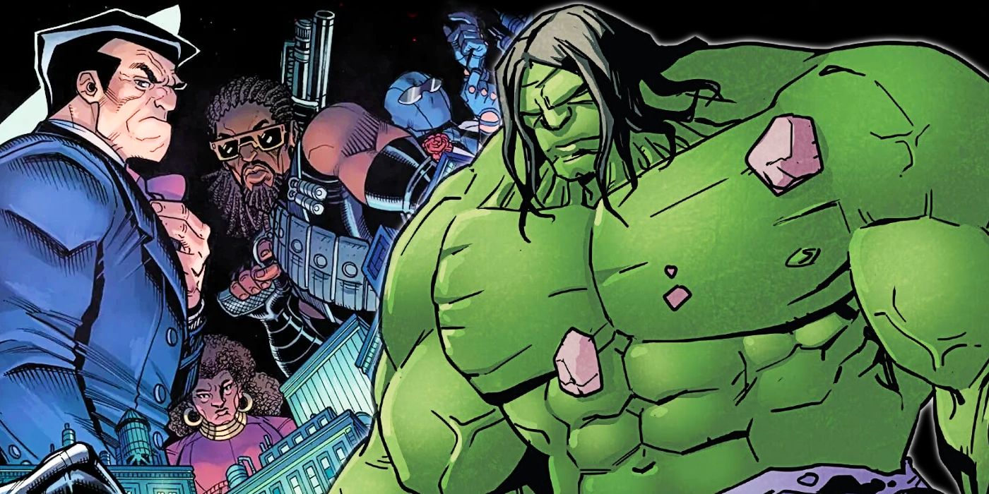 A massive Hulk rises in the foreground, while the assembled mafia heads of New York - Hammerhead, Black Mariah, The Rose, and more - loom over the city skyline.