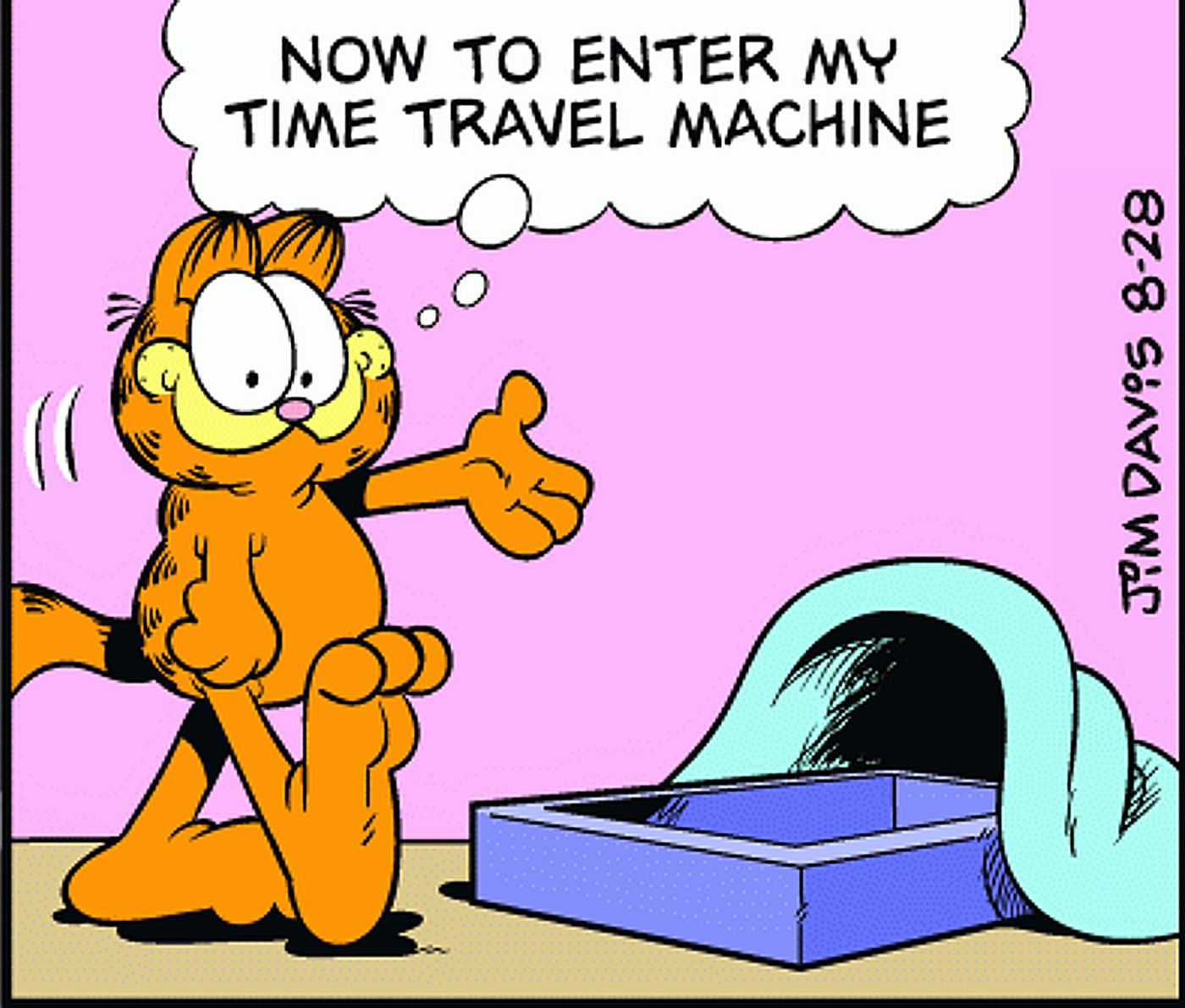 Garfield points to his bed and says, 