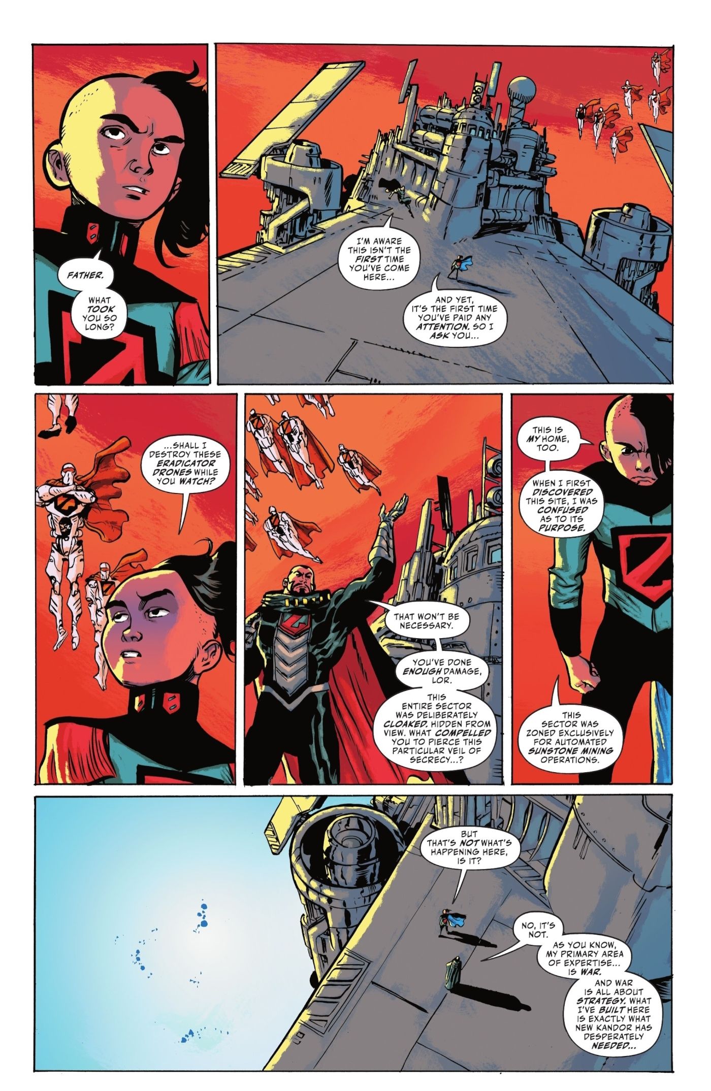 pages from Kneel Before Zod #1, Zod’s son confronts him about his secretive mining operation