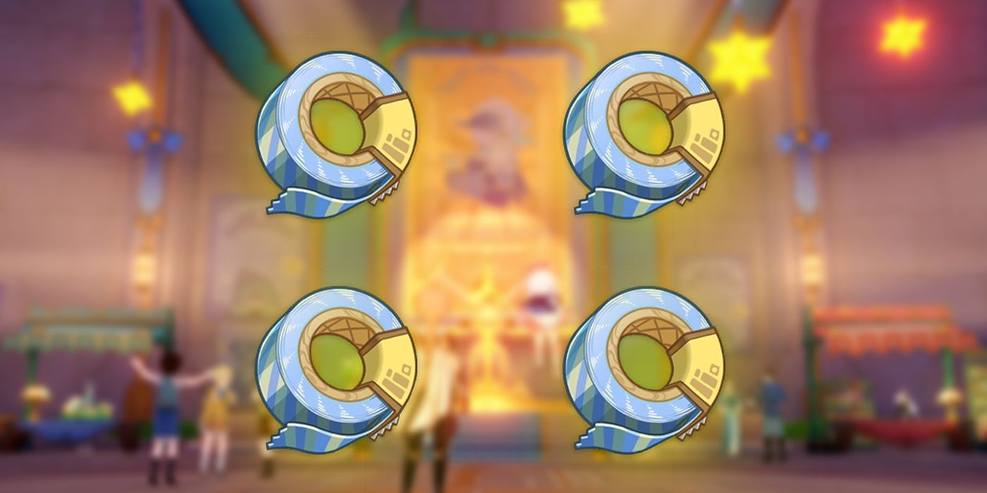 Four copies of Genshin Impact’s Super-Duper Invincible Shining Sparkly Magic Crystal Refinement material.