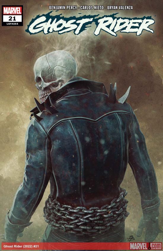 The Ghost Rider stands with his back to the viewer in a leather jacket with shoulder spikes and chains around his waist. His head, turned to the side, is nothing but a pale, smoking skull, the flames having been extinguished.
