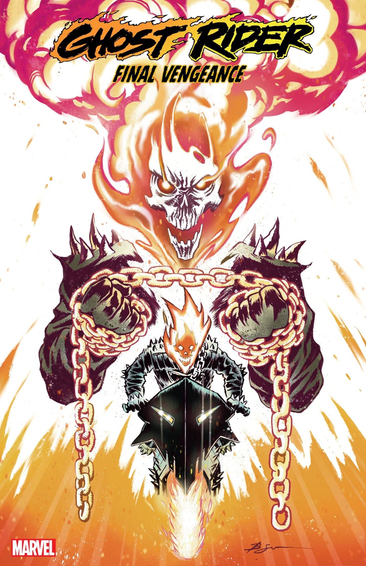 Cover to Ghost Rider: Final Vengeance, showing one Ghost Rider riding his cycle while another stands above him holding chains
