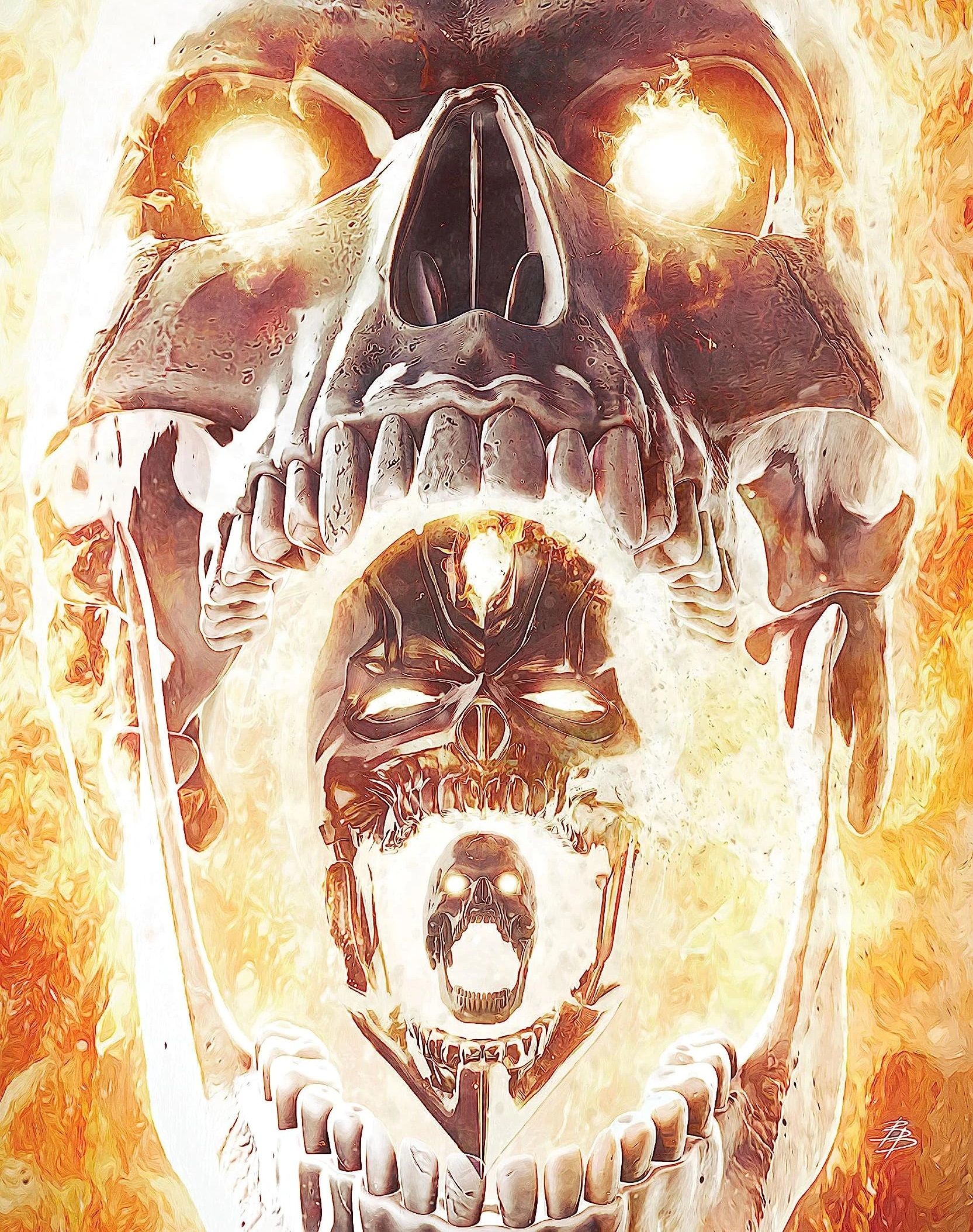A flaming, screaming skull with glowing eyes. In its mouth sits a second flaming, screaming skull, who likewise contains a third, smaller skull within its scream.
