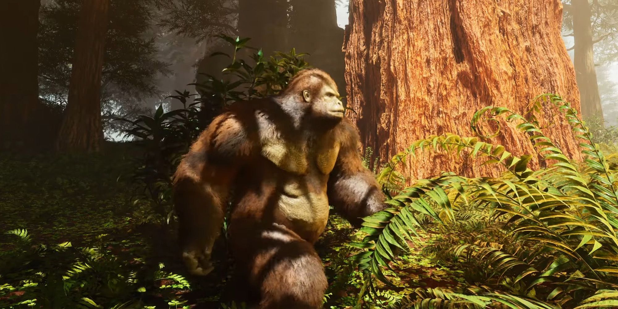 An ape-like Gigantopithecus walking past a massive tree in Ark: Survival Ascended.