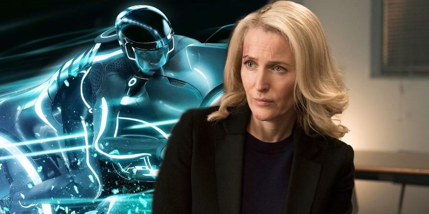 Character riding a bike in Tron Legacy and Gillian Anderson as Stella Gibson looking suspiciously at someone off screen in The Fall.