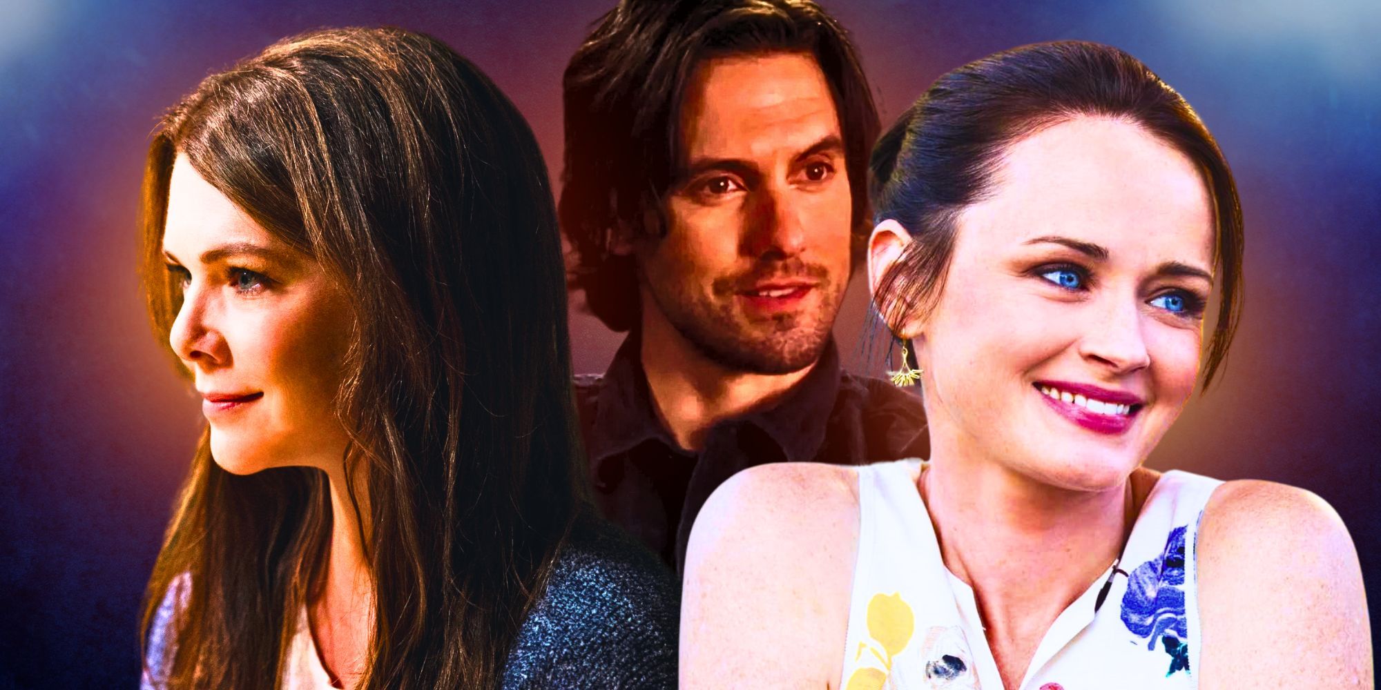 This collage shows Lorelai, Jess, and Rory from Gilmore Girls: A Year in the Life.