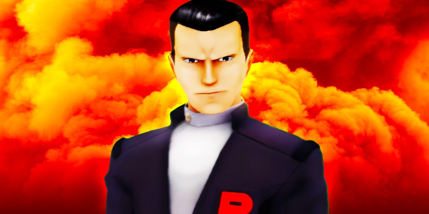 Líder de ginásio Giovanni em Pokémon GO com uma ameaçadora nuvem vermelha atrás dele
