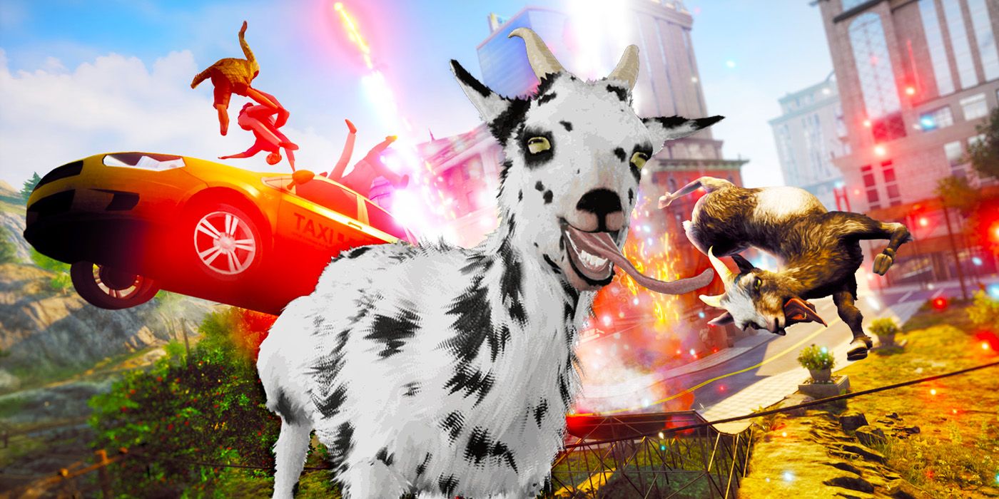 Several goats causing chaos in Goat Simulator 3.