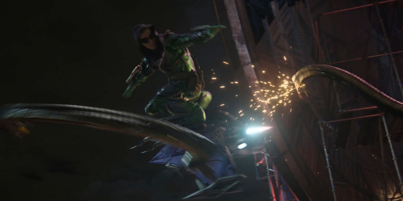 Green Goblin (Wllem Dafoe) severs Doctor Octopus' arm in Spider-Man No Way Home