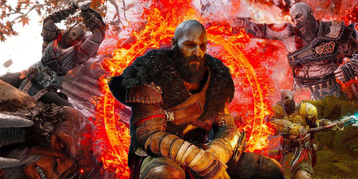 Kratos performing a divind strike, winding up with an axe swing, punching directly forward, and sitting calmly in front of a ring of fire in various screenshots from God of War: Ragnarok.
