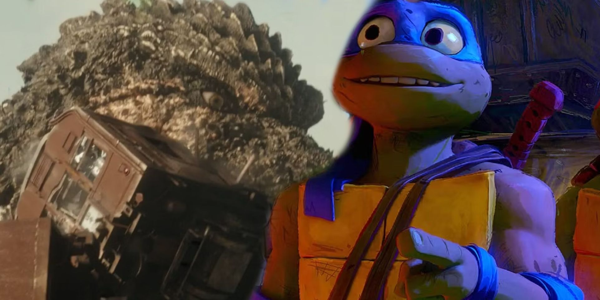 Godzilla Biting a Train in Godzilla Minus One next to Leonardo speaking in Teenage Mutant Ninja Turtles Mutant Mayhem.