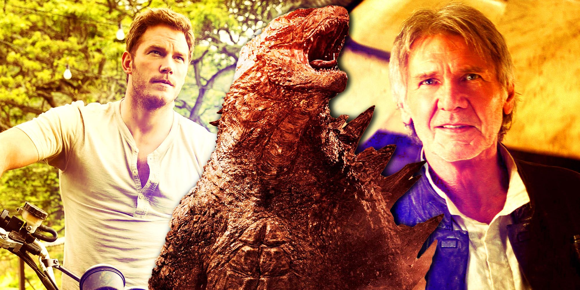 Chris Pratt em Jurassic World, Godzilla no filme de 2014 e Harrison Ford em Star Wars: O Despertar da Força