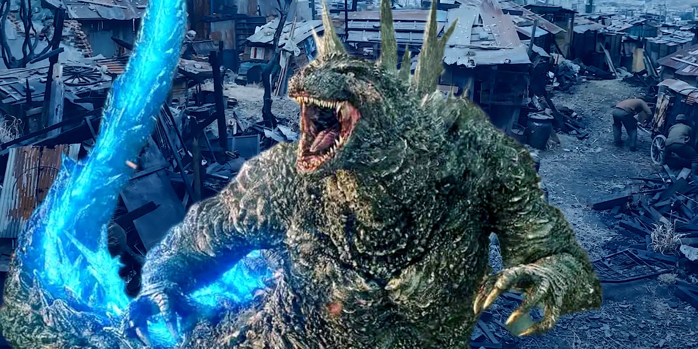Godzilla roaring in a destroyed Japan in Godzilla Minus One