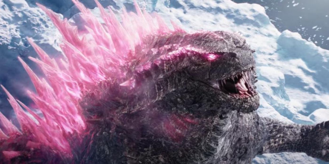 Godzilla prepares to fire a purple atomic breath in Godzilla X Kong: The New Empire.