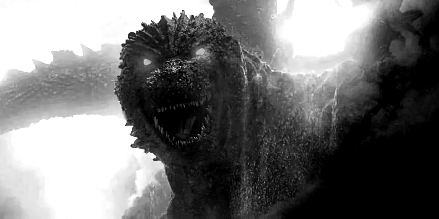 Godzilla with Glowing Eyes in black and white in Godzilla Minus One
