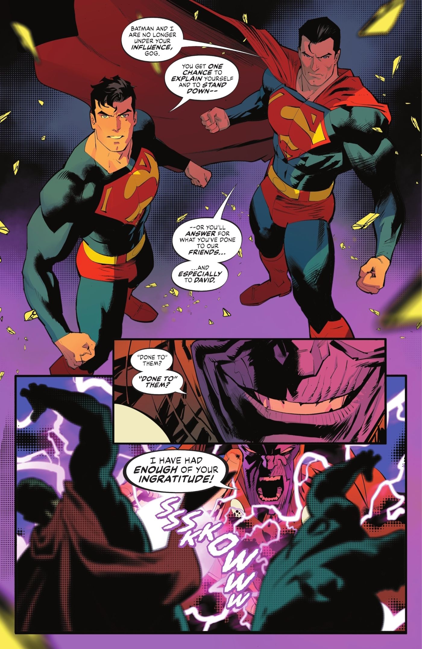 Batman/Superman World&rsquo;s Finest #23, two versions of Superman stand side by side, confronting the villain Gog