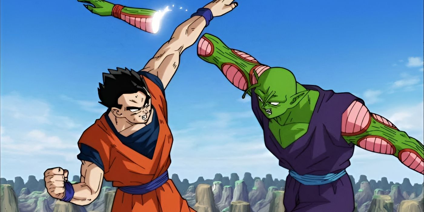 Gohan in base form slicing off Piccolo's arm during the Tournament of Power from Dragon Ball Super.