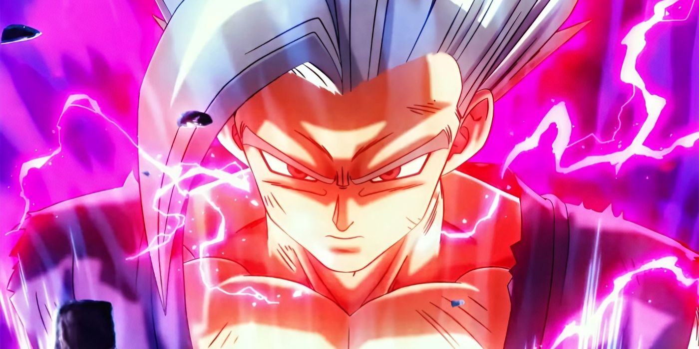 Gohan in Beast form looks angry as pink sparks come out of his body.