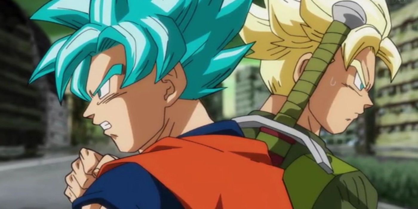 Goku and Trunks from Dragon Ball Super standing back-to-back.