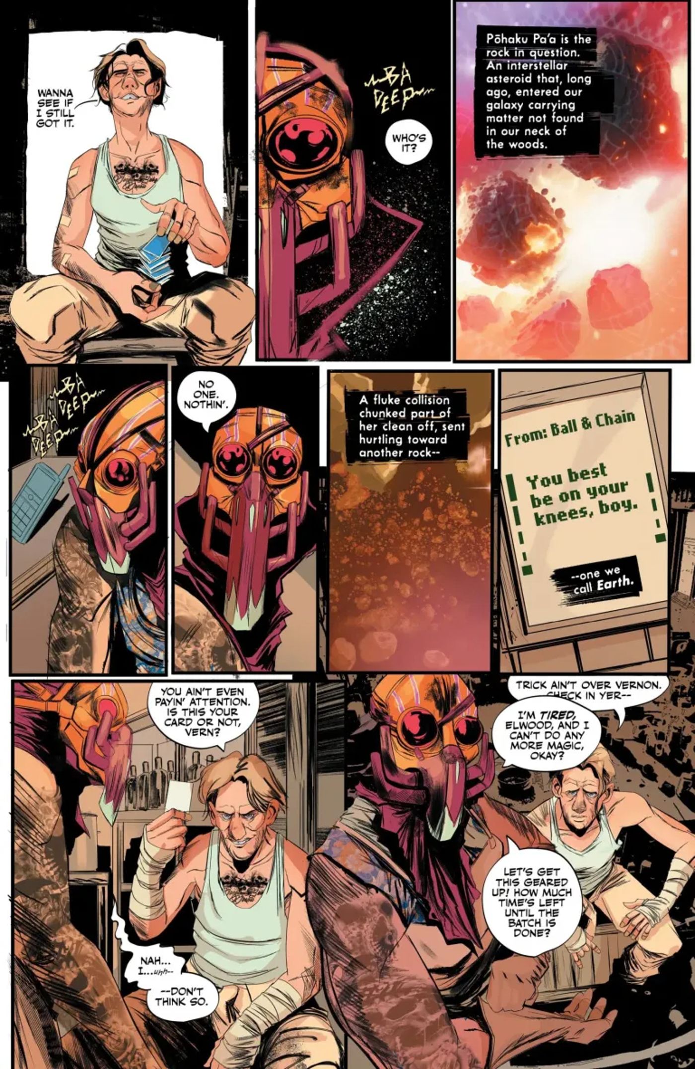 Golgotha Motor Mountain preview page, introducing meth cookers Vernon and Elwood just as a meteor hits their lab