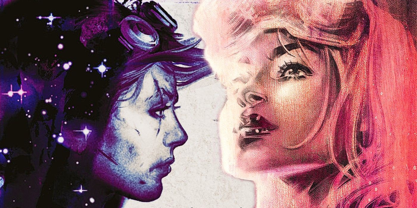 Comic book art: a woman with goggles in purple tones on the left, the same woman in pink tones on the right.