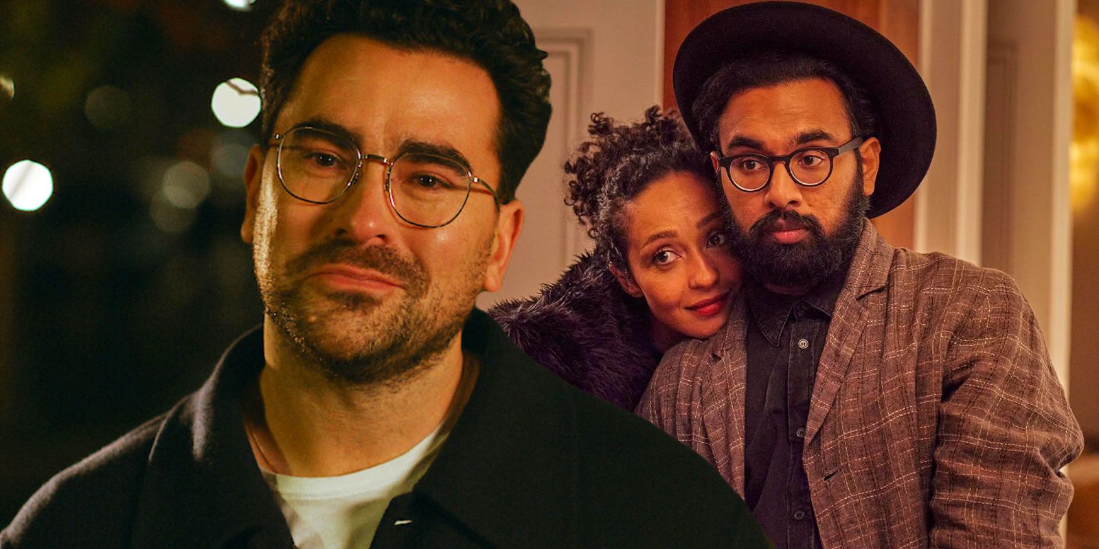 Dan Levy next to Ruth Negga and Himesh Patel in Netflix's Good Grief