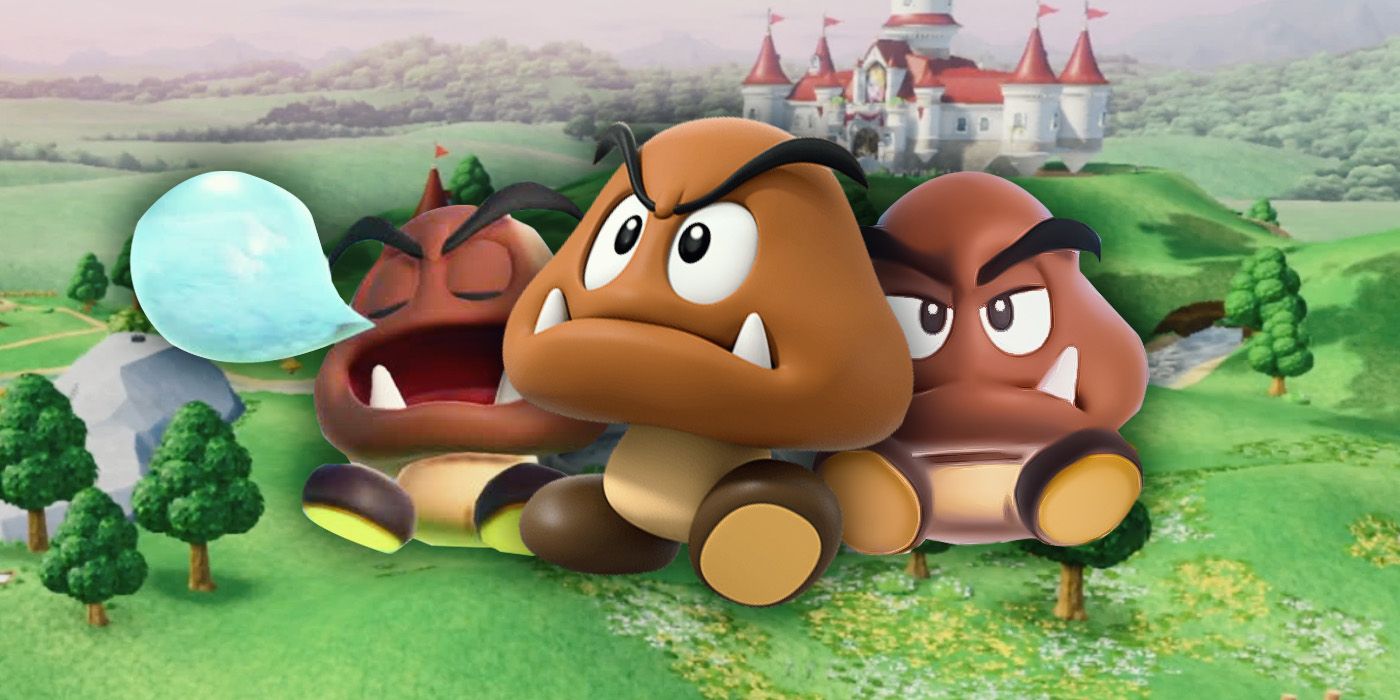 Three Goombas from Super Mario Bros. Wonder; one is asleep with a big snot bubble coming out of its non-existent nose, another is sitting down and looking tired, the third up front is standing and looking angry. Behind them is a landscape of the Mushroom Kingdom, with Peach's Castle on a grassy hill in the distance.